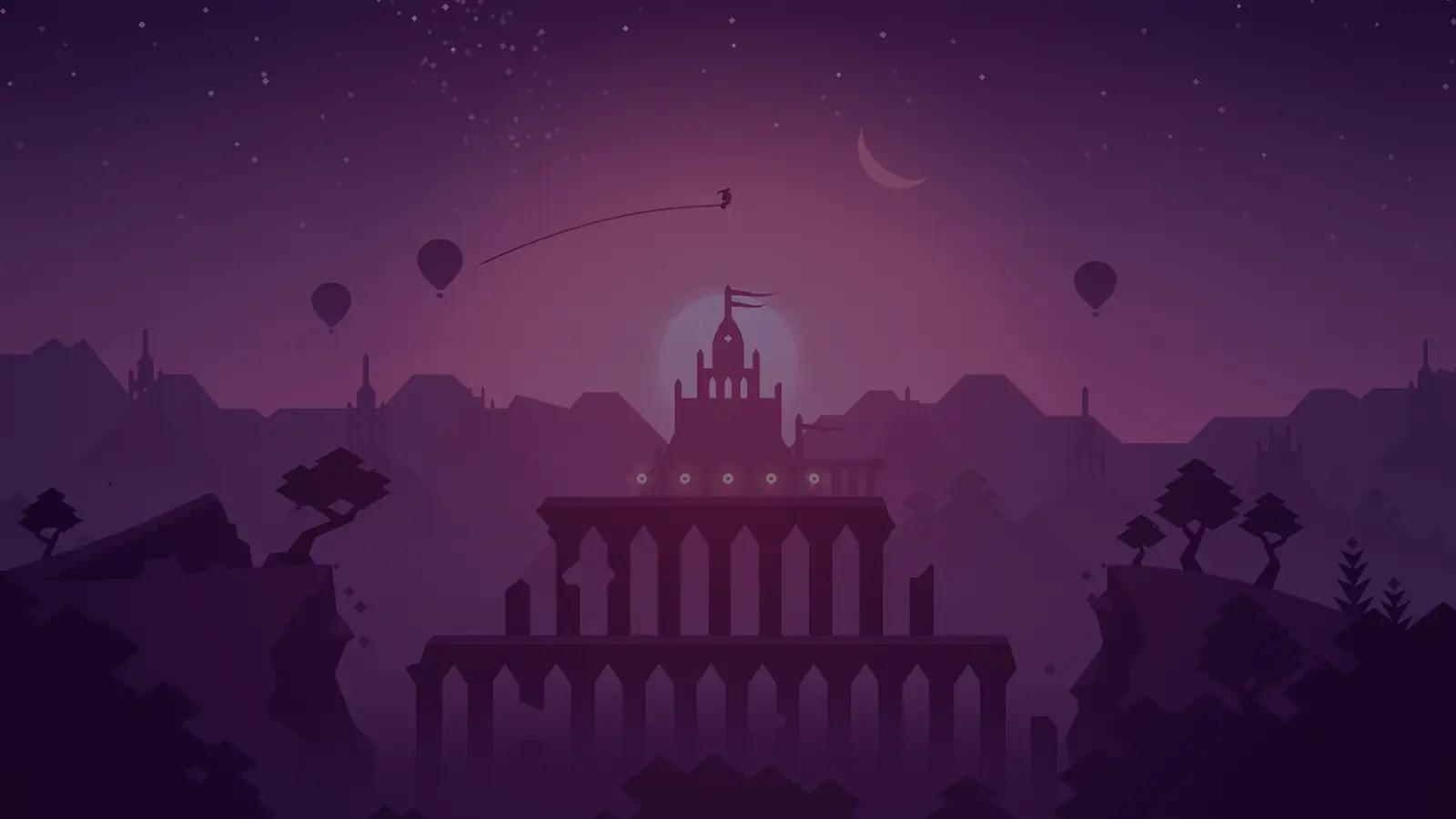Paisagem noturna de Alto's Odyssey com uma cidade-templo iluminada