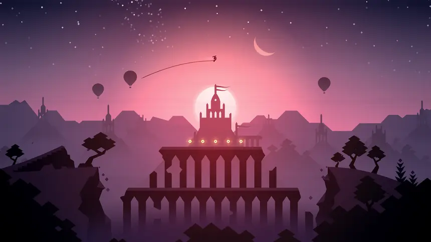 Cidade-templo iluminada ao entardecer em Alto's Odyssey