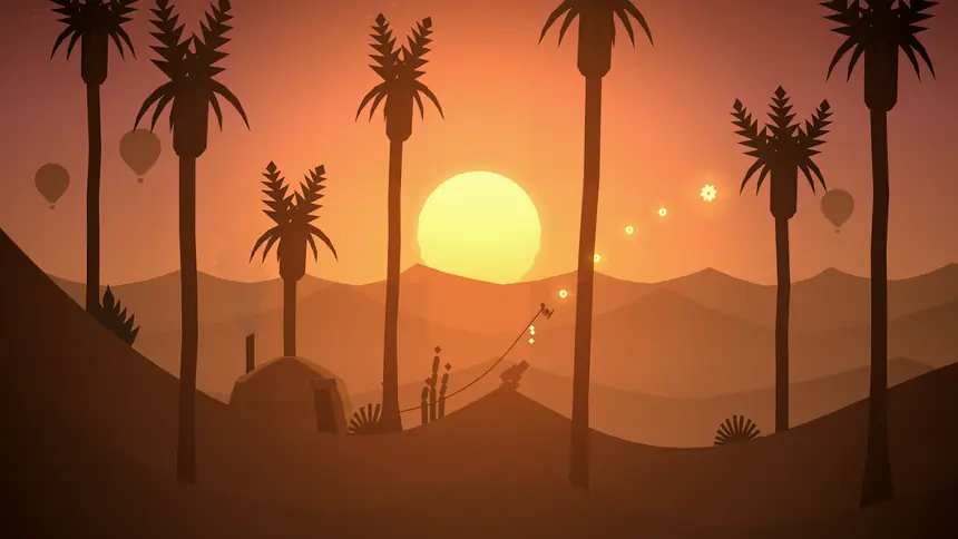 Dunas alaranjadas com palmeiras ao pôr do sol em Alto's Odyssey