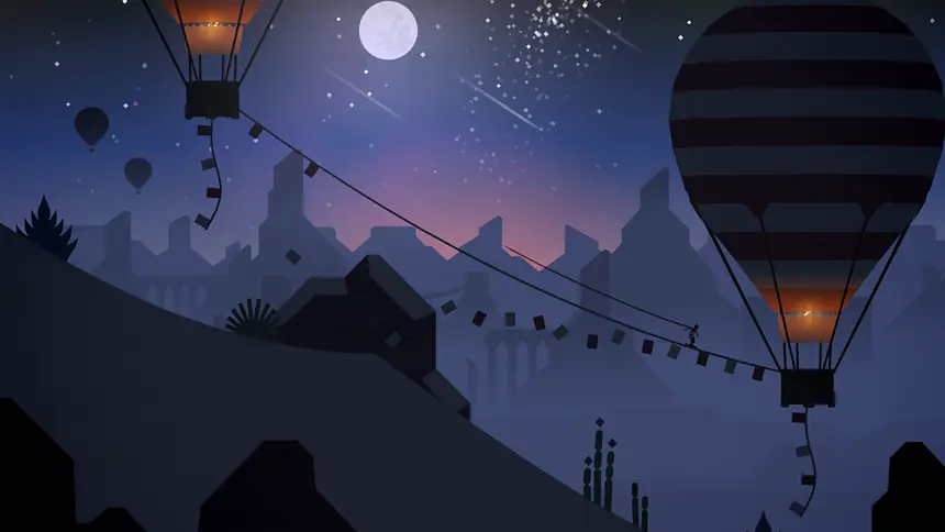Corrida noturna em Alto's Odyssey entre balões de ar quente