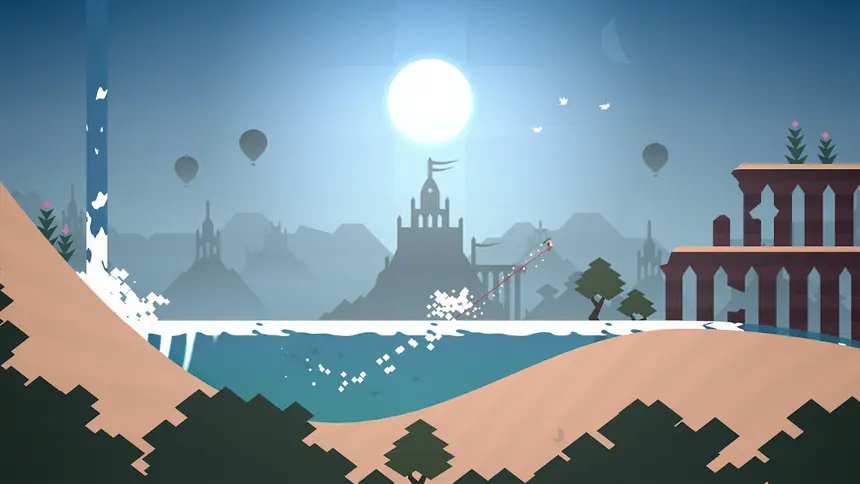 Travessia de água junto às ruínas em Alto's Odyssey