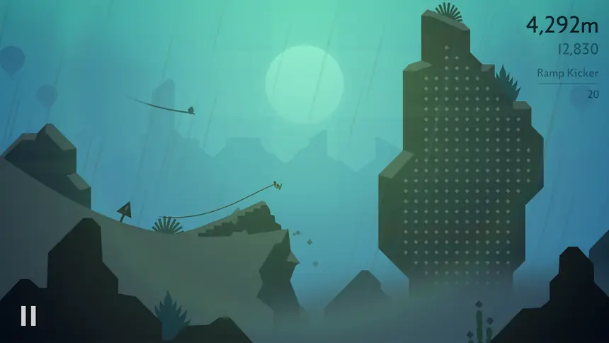 Contador de distância durante uma descida em Alto's Odyssey