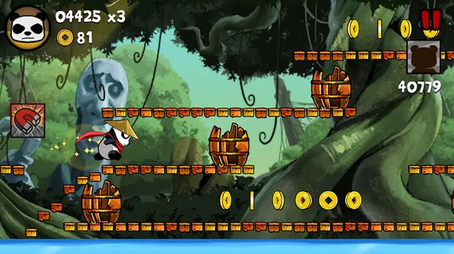 Captura de Panda Run com o panda a correr por uma floresta em duas dimensões