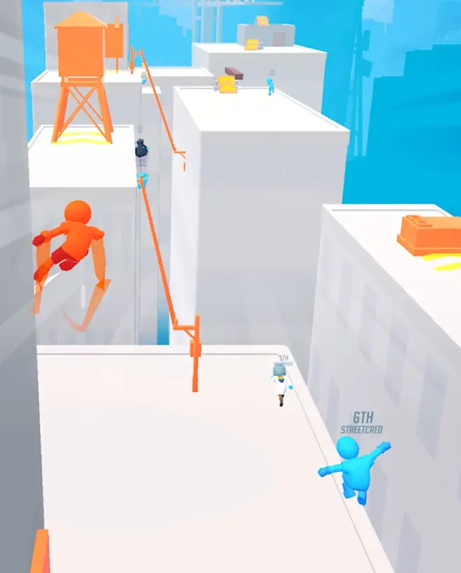 Captura de Parkour Race com corredores a saltar entre edifícios brancos